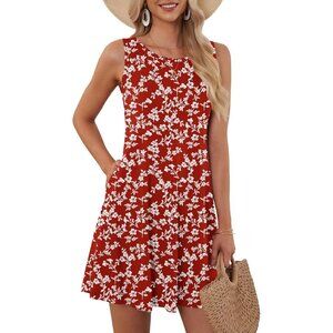 Women's Red White FloralSleeveless Crew Neck Summer Boho Beach Dress with Pocket